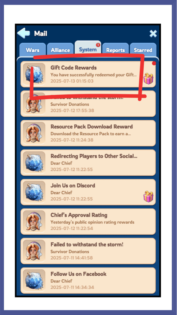 gift code reward redeem mail whiteout survival